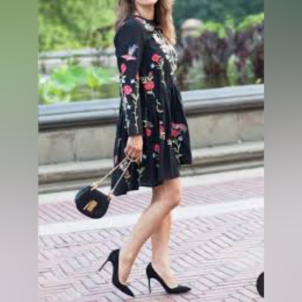 Zara Long Sleeve Embroidered Floral Mini Dress size S Black/ Multi - Picture 11 of 13